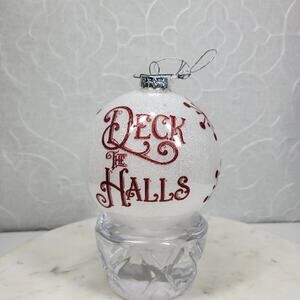 Vintage Deck the Halls Ornament 4.5” Red Glitter Script Handmade Glass